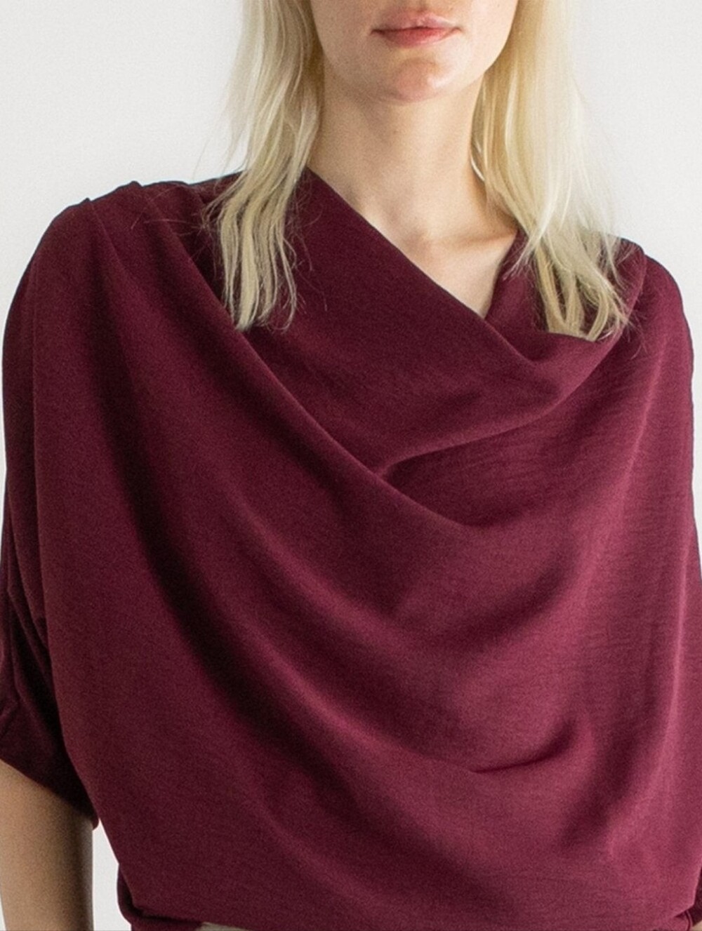 MICHI Draped Cowl Neck Athletic Luxury Sweater In Bordeaux  Small Petite